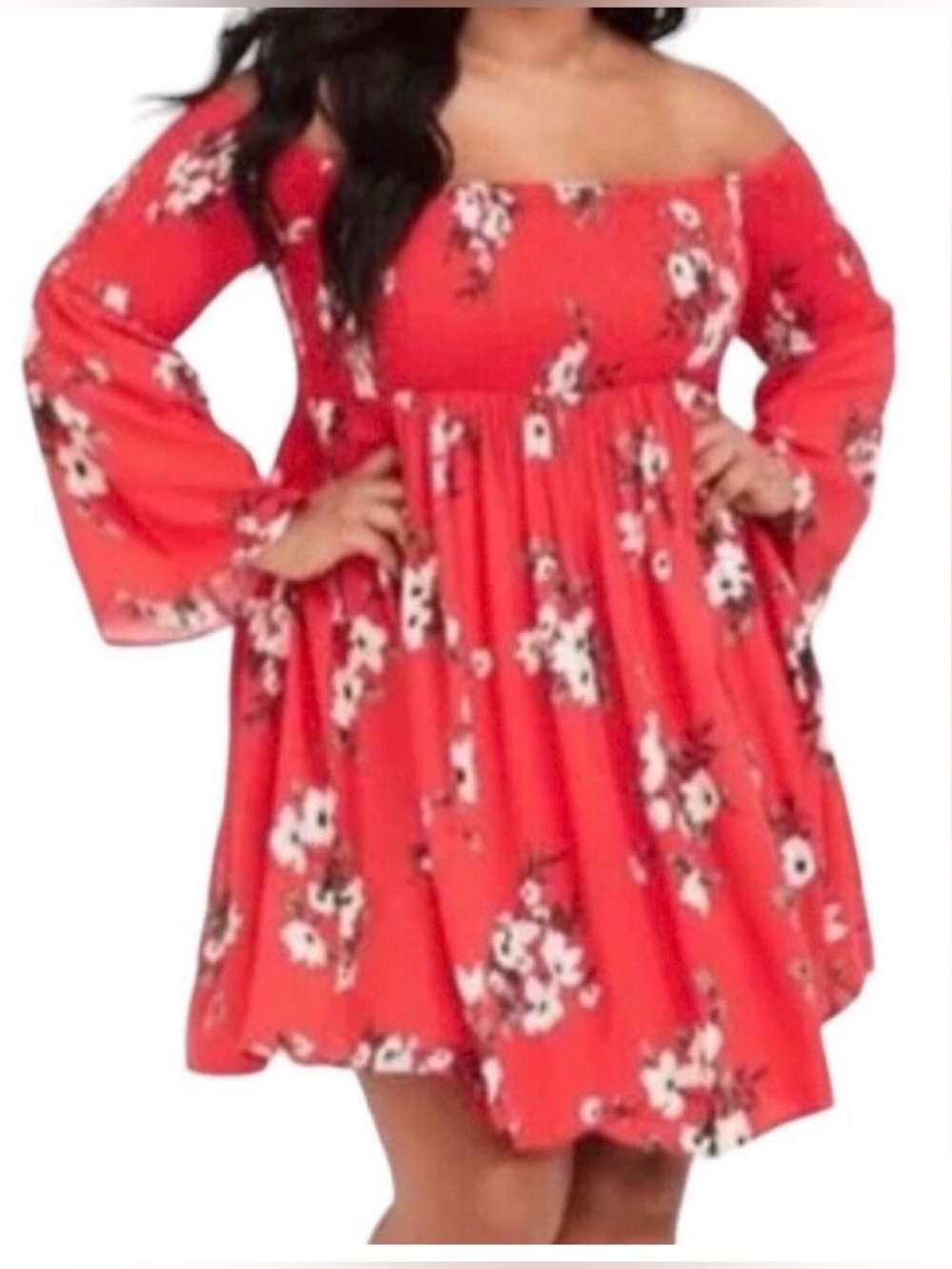 Torrid Black Floral Print Smocked Midi Dress Size 2 Bell Sleeve